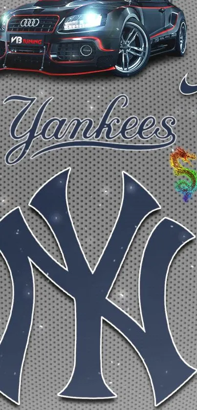 Yankees logo with sleek car in gray background wallpaper.