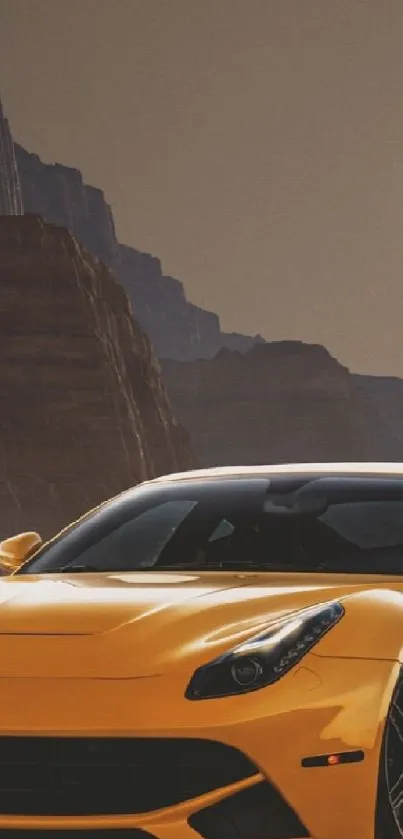 Yellow sports car in a desert with twin suns.