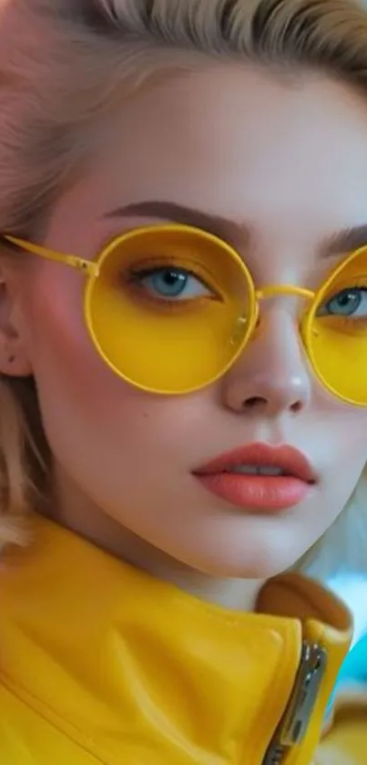 Woman with yellow sunglasses in a fashion-forward portrait.