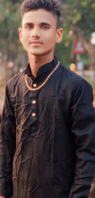 Young man in black traditional attire posing outdoors.