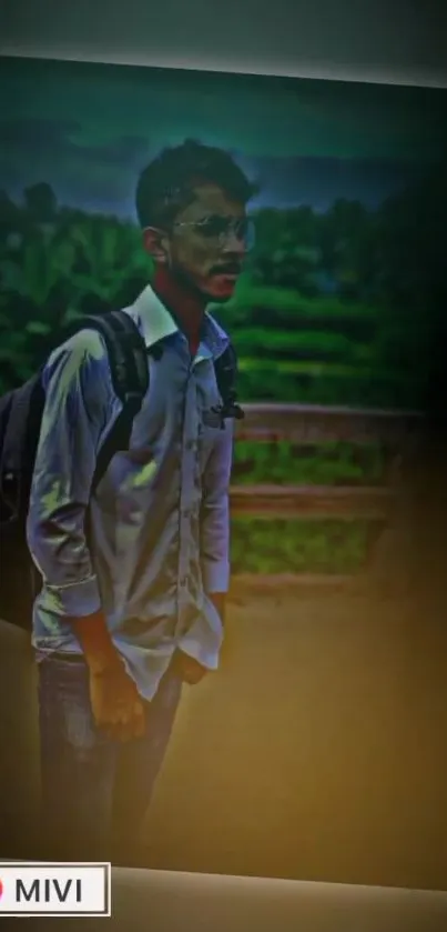 A young man in casual attire against a dark, lush natural background.