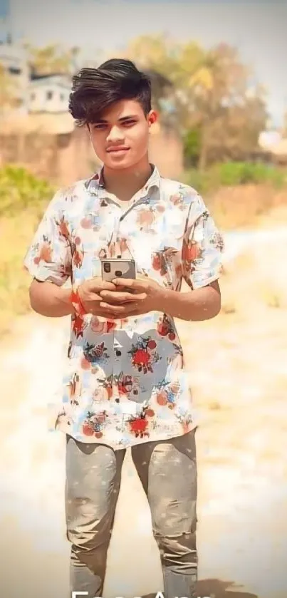 Young man with phone in nature, wearing floral shirt.