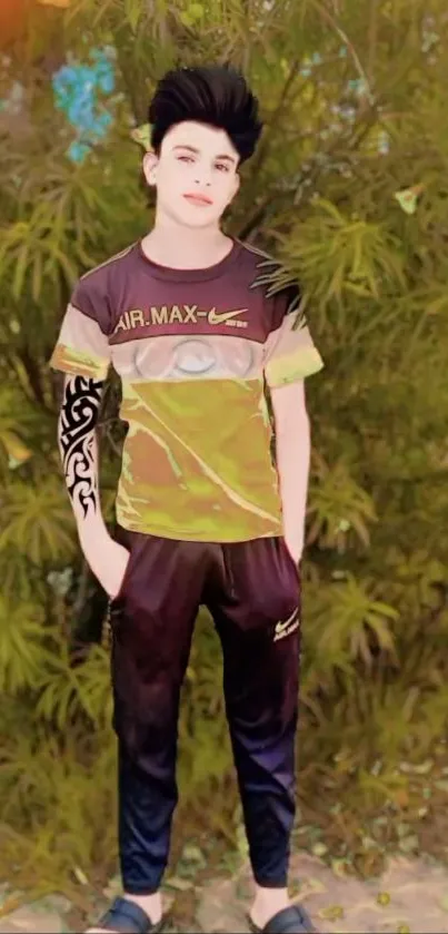 Stylish young man standing in nature, wearing trendy fashion.