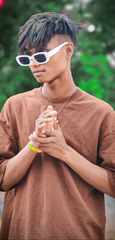 Young man in brown shirt with sunglasses, green blurred background.