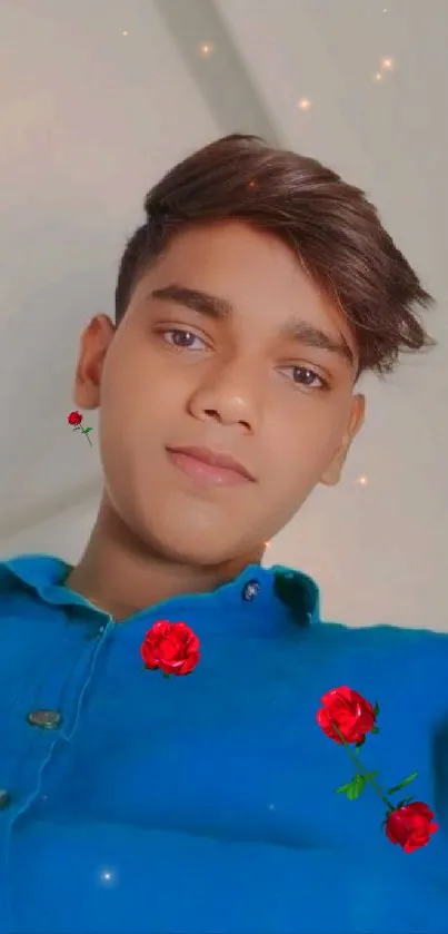 Stylish young man in blue shirt with red roses background.