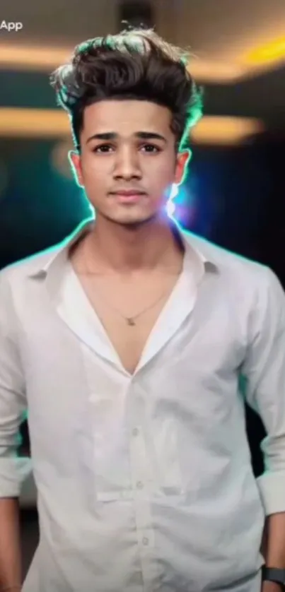 Young man in white shirt with vibrant lighting.