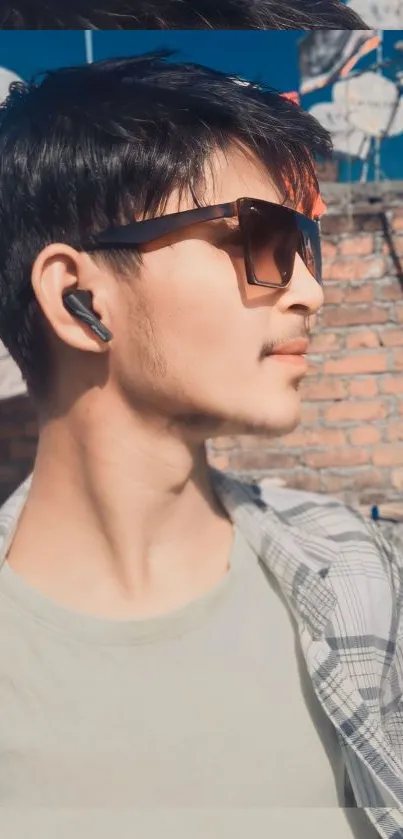 Young man with sunglasses and earbuds against a brick wall.