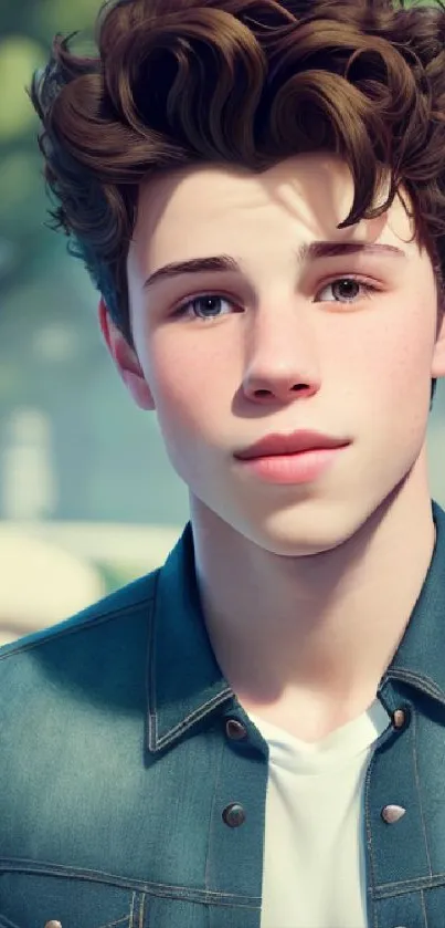 Stylish portrait of a young man with curly hair in an outdoor setting.