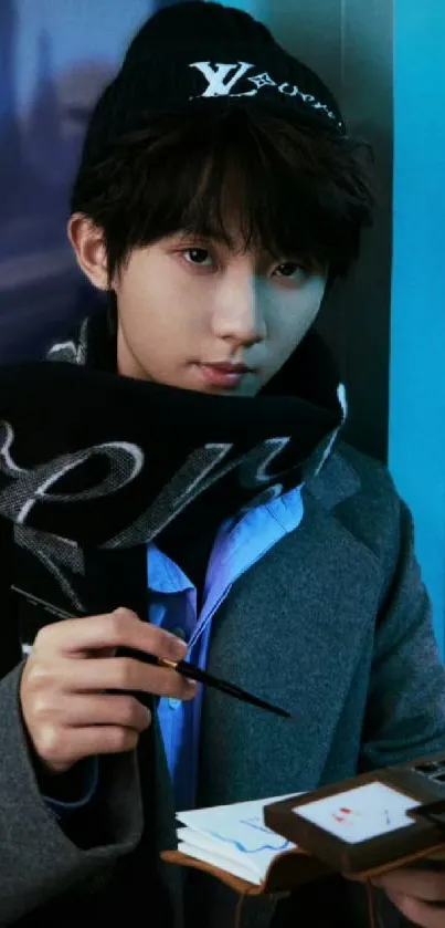 Young man holding brush, wearing beanie with stylish urban backdrop.