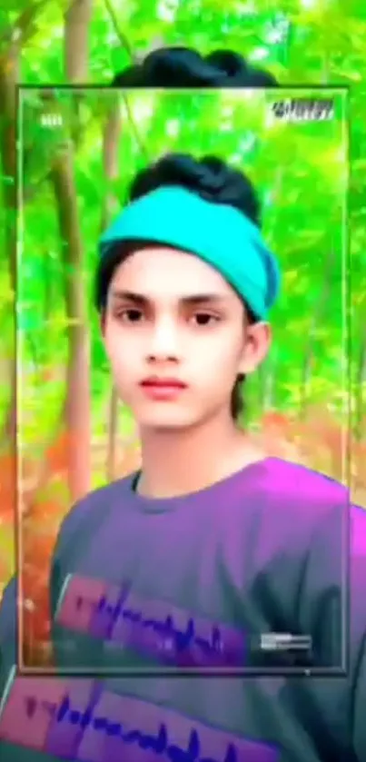 Vibrant wallpaper of stylish youth in a forest.