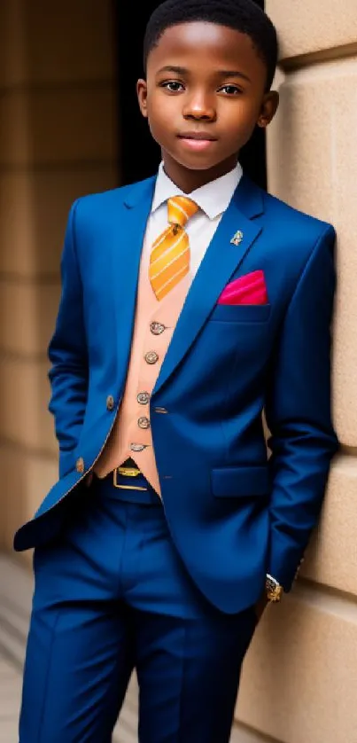 Young boy in a blue suit leaning against a wall, exuding style and confidence.