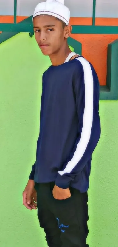 Youth in a casual outfit with a vibrant green background.