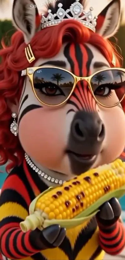 Trendy zebra cartoon enjoying corn by the pool with fashion accessories.