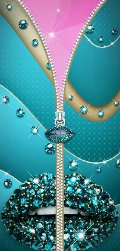 Teal zipper wallpaper with jeweled lips design.