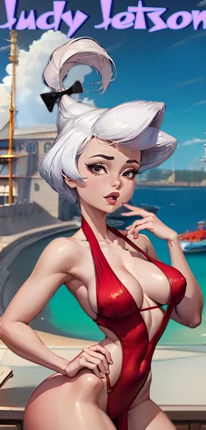 Anime style beach scene with vibrant character design.