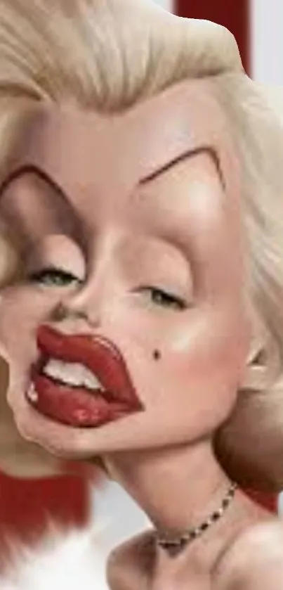Stylized cartoon portrait with blonde hair and red lips.
