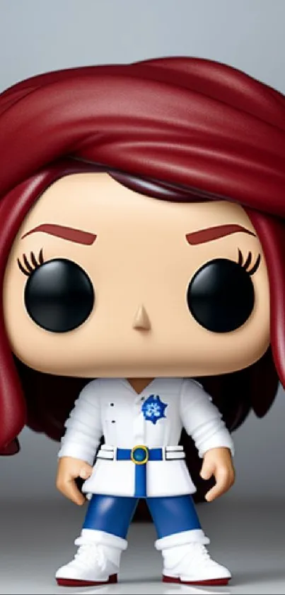 Stylized character figure with red hair.