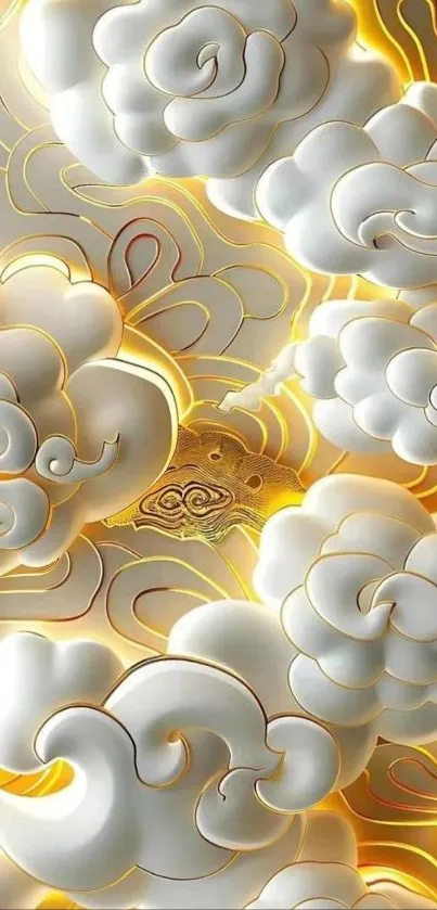 Artistic wallpaper with stylized white clouds against a golden background.