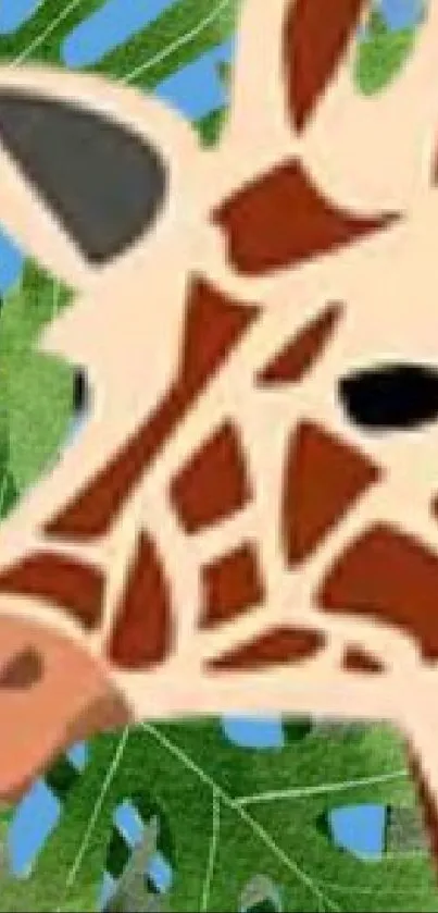 Stylized giraffe with leafy background in vibrant colors.