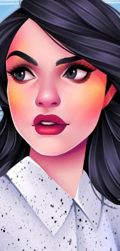 Stylized illustration of a woman with dark hair and vibrant makeup.