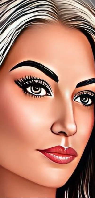 Stylized portrait of a woman with detailed features enhancing phone screens.