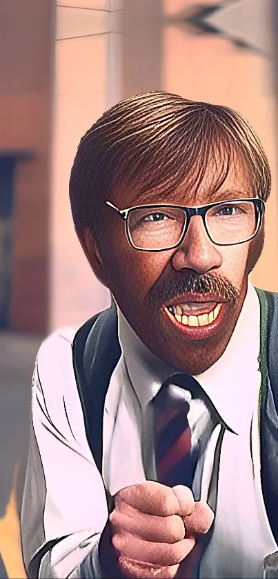 Stylized portrait of a professional character in an urban setting on phone wallpaper.