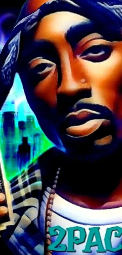 Cartoon-style illustration of a famous rapper holding cash with a vibrant urban background.