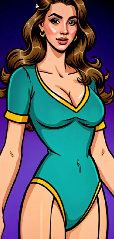 Stylized illustration of a woman in teal outfit with a purple background.