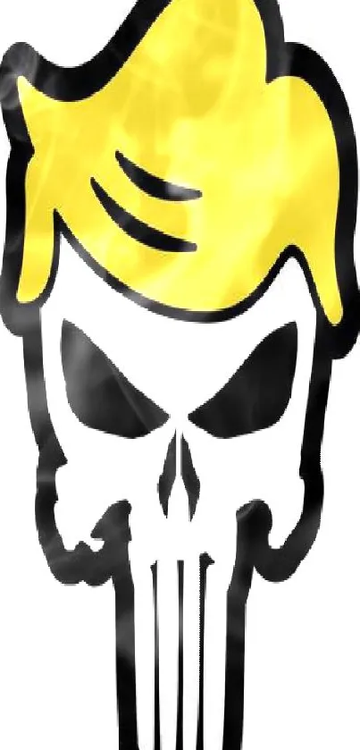 Stylized skull with yellow hair design on white background.