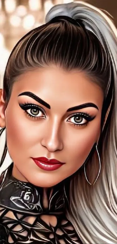 Stylized portrait of a woman with ponytail and hoop earrings in digital art style.