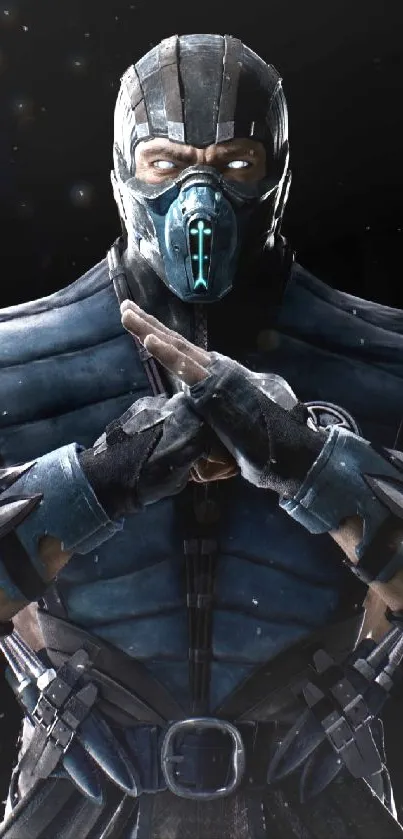 Sub-Zero from a video game in a dynamic pose against a dark background.