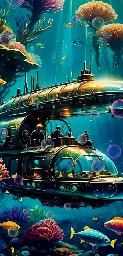 Submarine underwater adventure with coral reefs and vibrant sea life.
