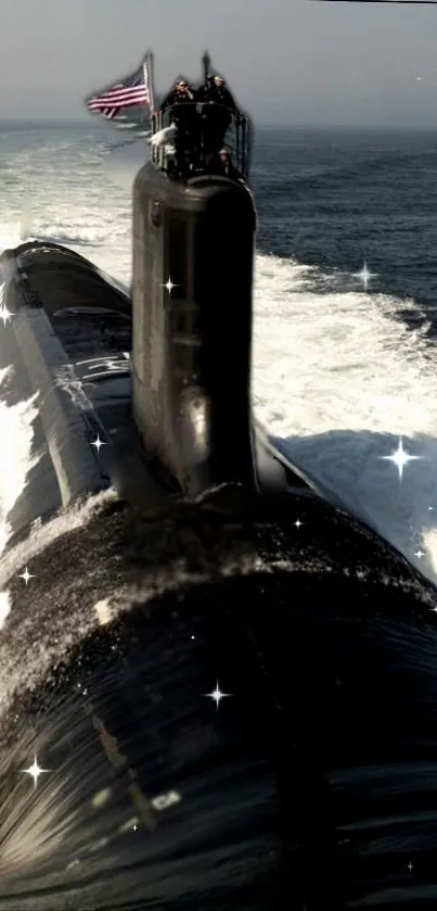 Submarine cruising through the ocean with an American flag.