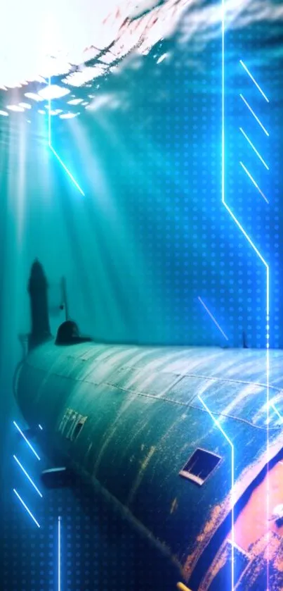 Underwater submarine with blue illumination effects.