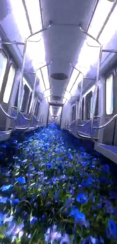 A subway car filled with blooming blue flowers, creating a surreal and artistic scene.