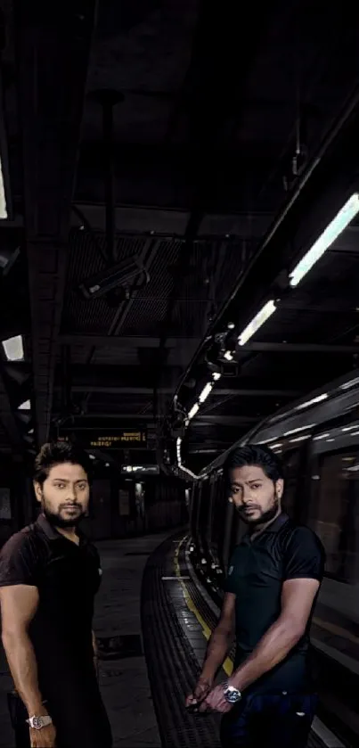 Two people standing on a subway platform at night.