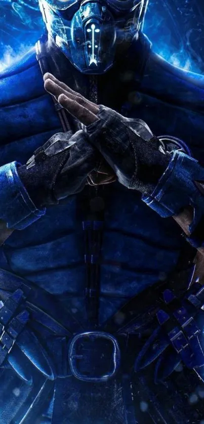 Subzero in blue armor, crossing arms in a dark, atmospheric setting.