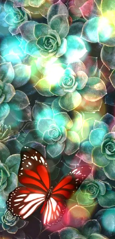 Green succulent background with vibrant red butterfly in detail.