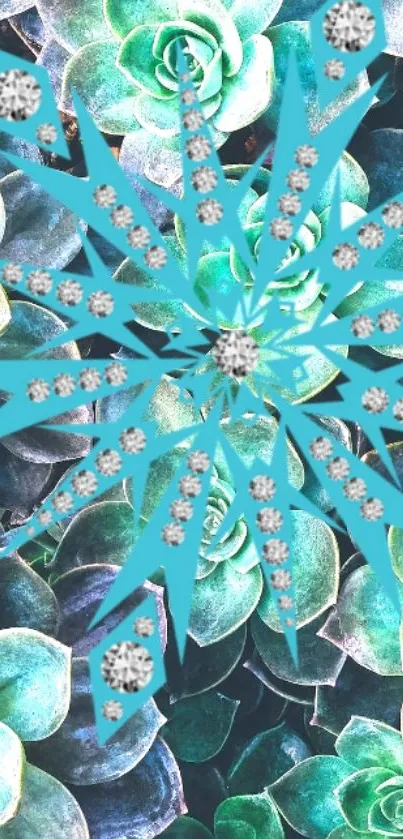 Teal snowflake over succulent background wallpaper.