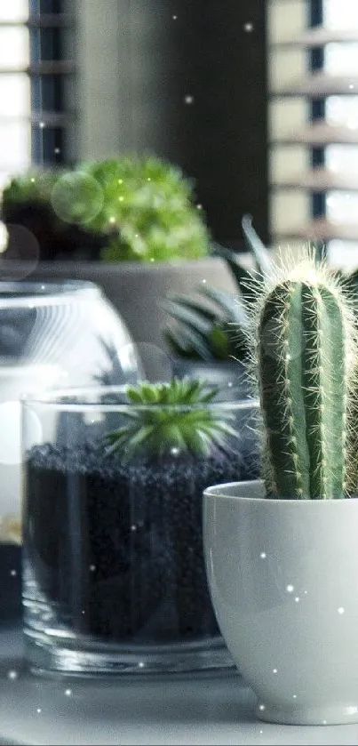 Wallpaper featuring succulents and cacti by a window with natural light.