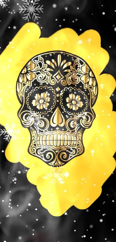 Intricate sugar skull on yellow background with snowflakes.