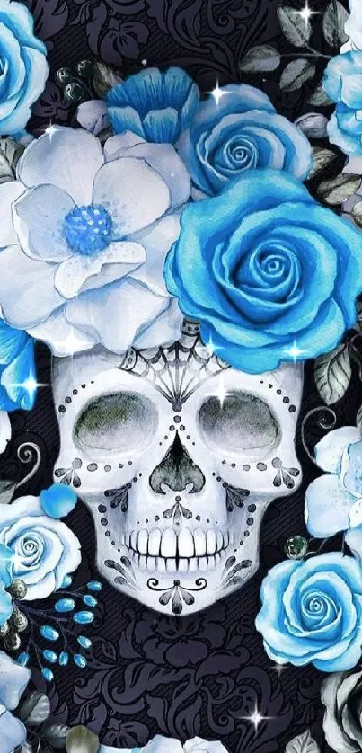 Sugar skull with blue and white flowers phone wallpaper.