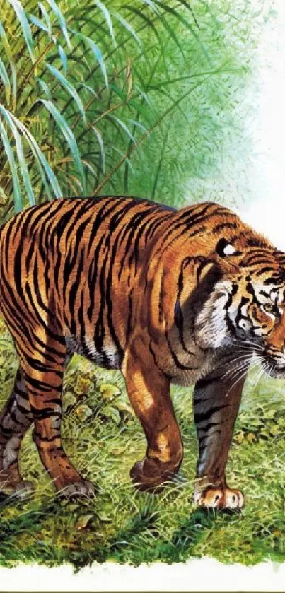 Sumatran tiger depicted in vibrant jungle artwork, rich in natural hues.