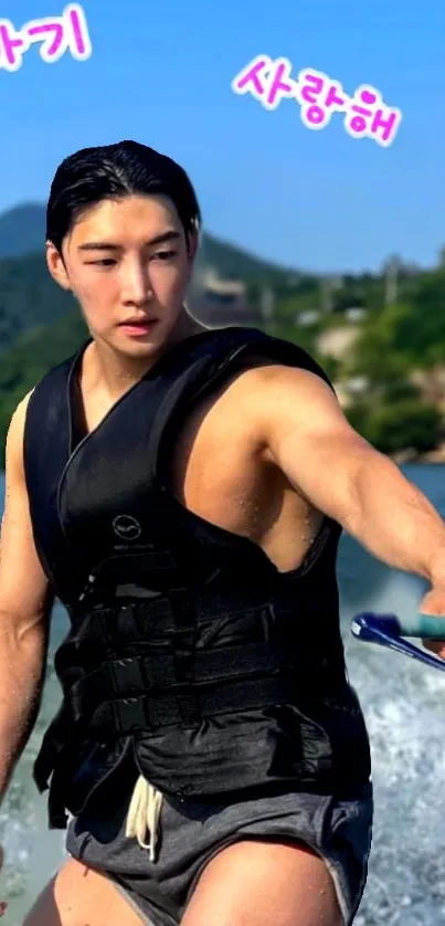 Man in life vest enjoying summer on water with vibrant landscape.