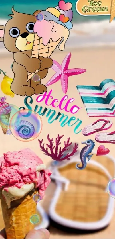 Summer beach scene with ice cream cones and cute decorations.