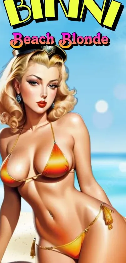 Vibrant retro beach pin-up wallpaper with blonde in colorful bikini under blue sky.