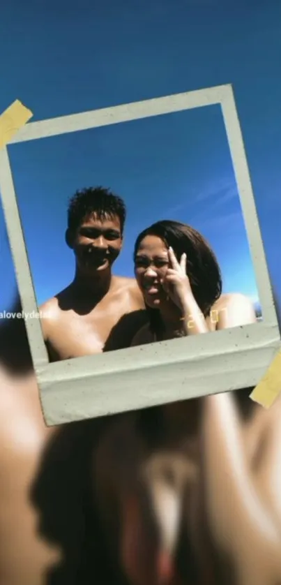 A Polaroid photo of two people against a blue sky, perfect for summer vibes wallpaper.