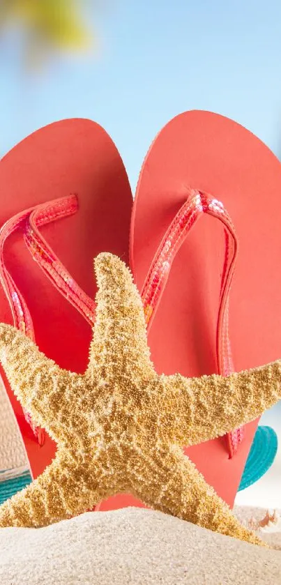 Red sandals and starfish on sandy beach under a clear sky.