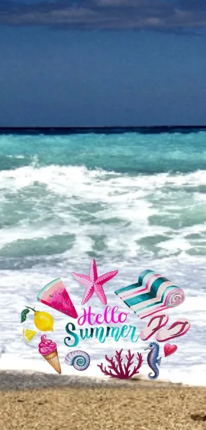 Vibrant summer beach wallpaper with waves and summer icons.