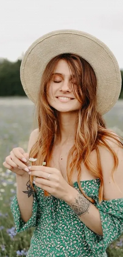 Woman smiling in field with green dress and hat.